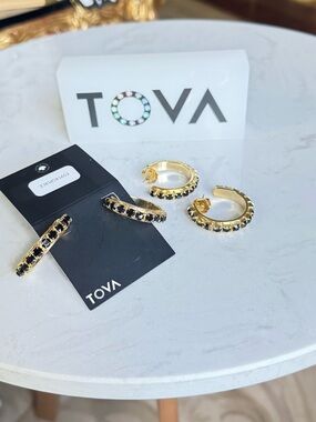 TOVA Gold Hoop Earrings with Black Stones